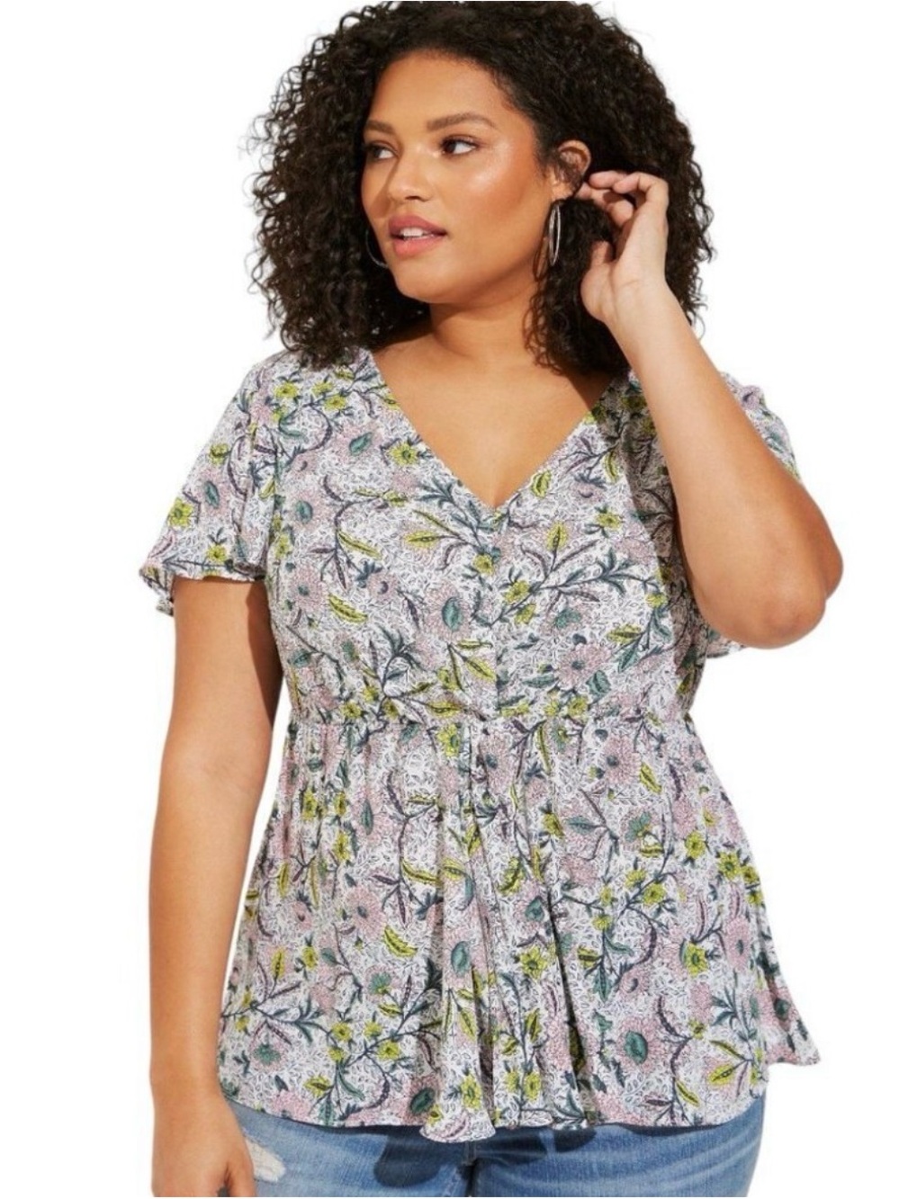 torrid Floral V-Neck Peplum Tunic in Pink and Green